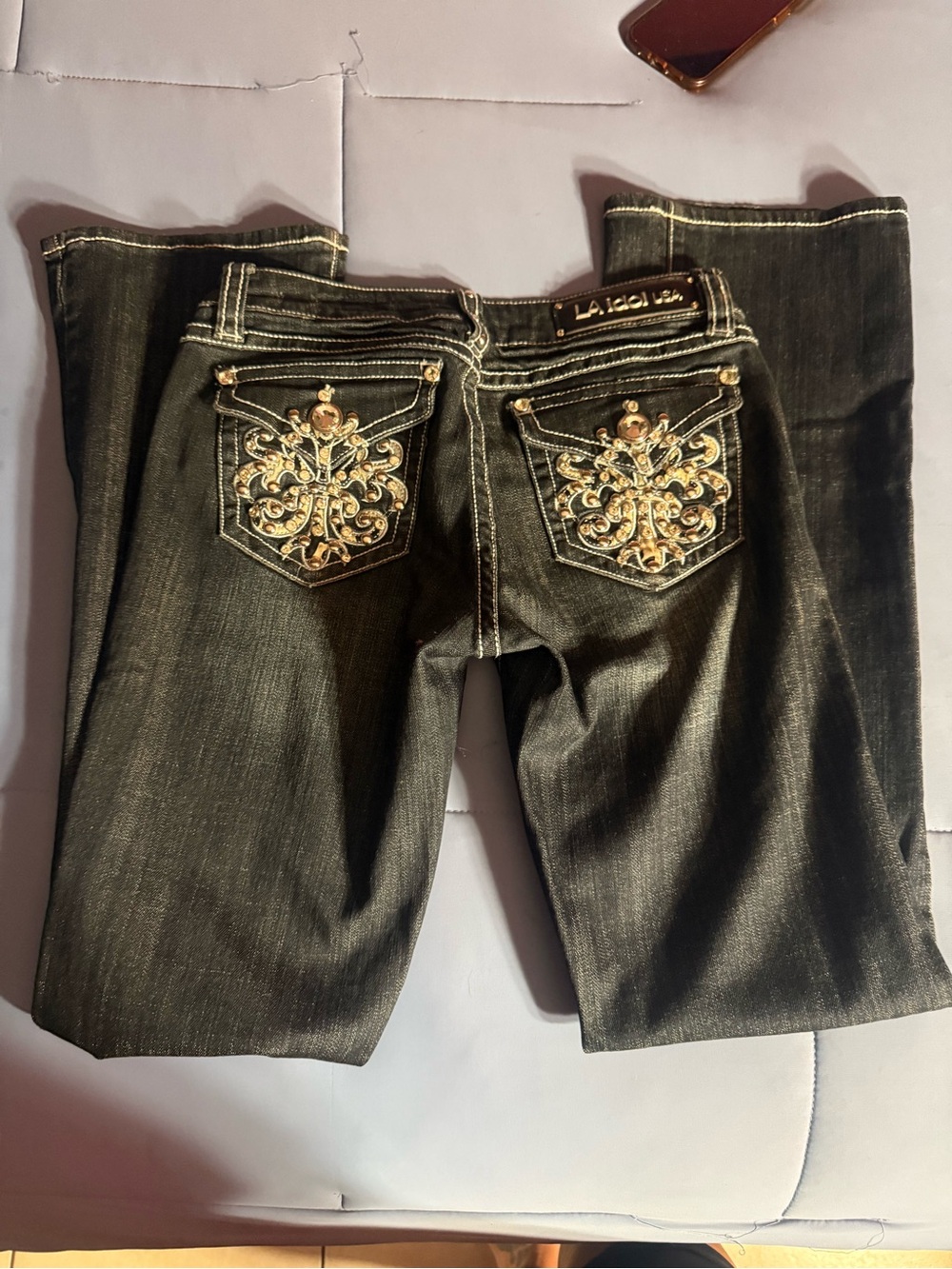 L.A. Idol Women's Dark Wash Boot Cut Jeans with Gold Embroidered Back Pockets